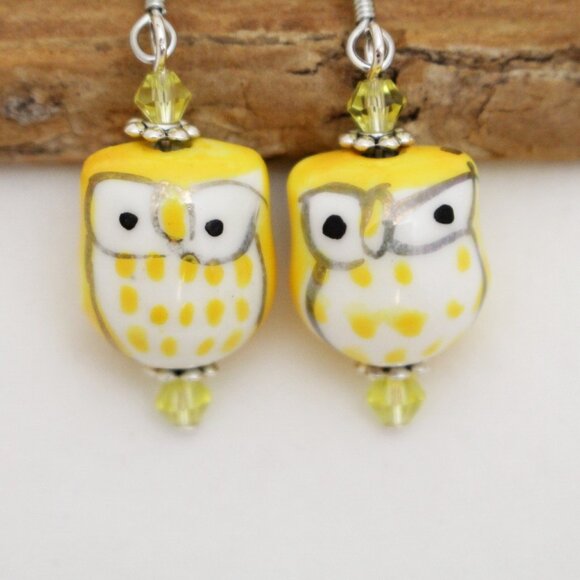 Yellow Hand Painted Porcelain Owl Earrings - Handmade & Hypoallergenic - Picture 1 of 7